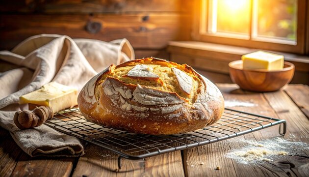 Freshly Baked Sourdough Bread Loaf Cooling on Wire Rack with Butter