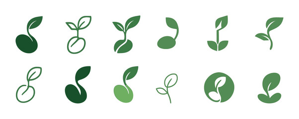 Collection of minimalist green seedling icons in various styles