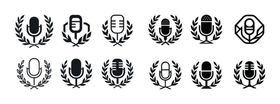 Vintage microphone emblems with laurel wreaths in various styles