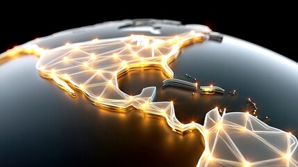 A stylized digital representation of the Earth, focusing on North and Central America, with glowing lines and nodes forming a network across the continents agai