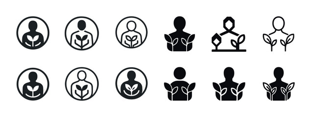 Set of black plant growth icons featuring human figures in round and square designs
