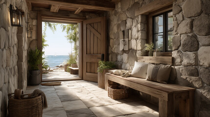 Rustic stone cottage entrance with wooden bench and ocean view outside door