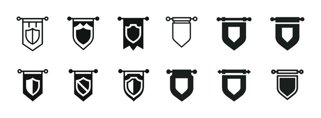 Set of twelve shield and banner icons in black and white