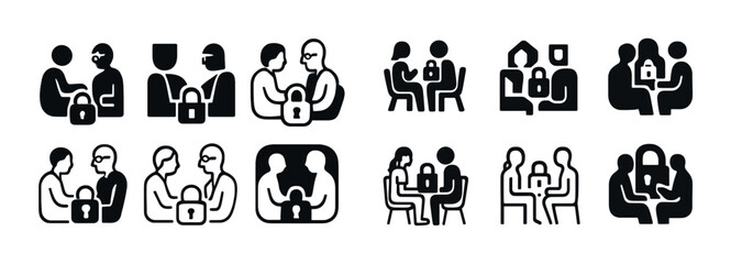 Black icon set of secure communication meetings with privacy locks