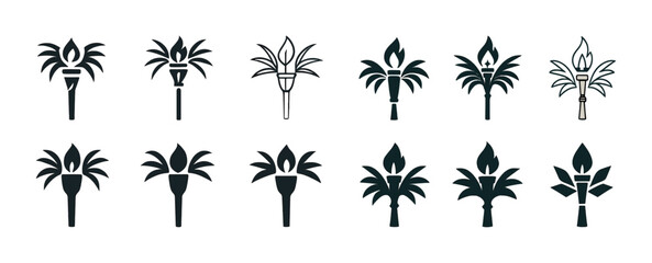 Collection of various stylized torch icons with leaf designs