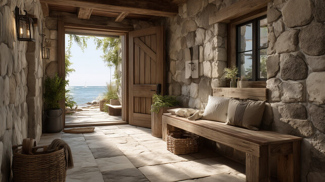 Rustic stone cottage entrance with wooden bench and ocean view outside door