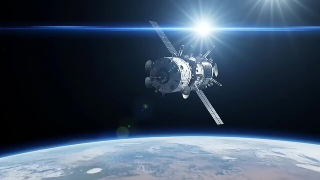 Advanced spacecraft on an epic orbital journey around Earth, illuminated by the radiant sun, representing the pinnacle of space technology and human exploration