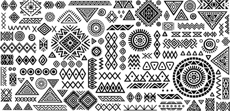 Set of primitive ethnic elements isolated on white background. Vector hand drawn geometric patterns in ethnic style.