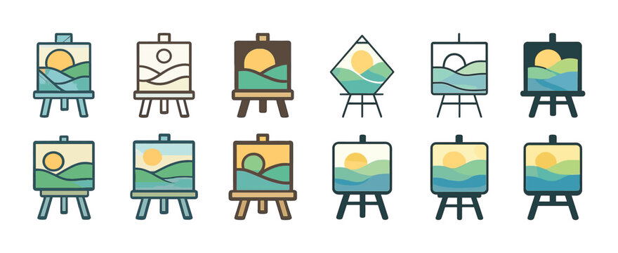 Colorful landscape paintings on easels collection