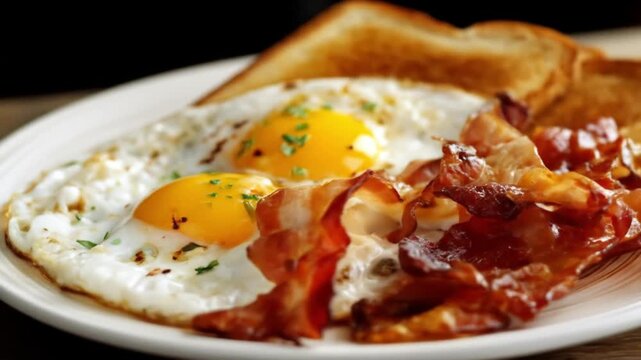 Two sunny eggs with bright yolks beside crispy bacon and toasted bread on a plate, herbs, fresh! yum