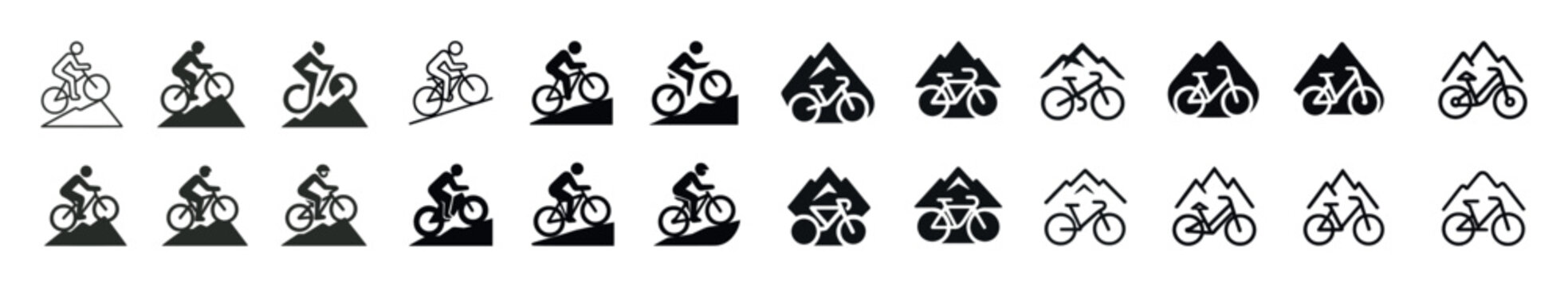 Mountain biking icons set: cyclists on trails and peaks