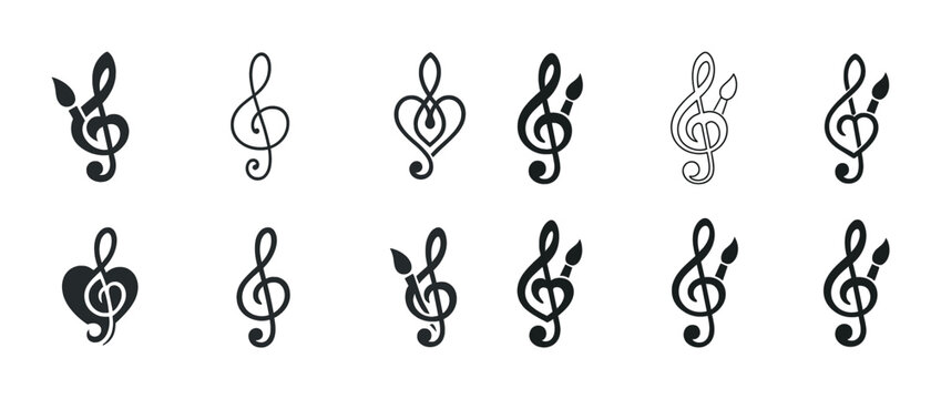 Creative treble clef designs with artistic brushes and hearts