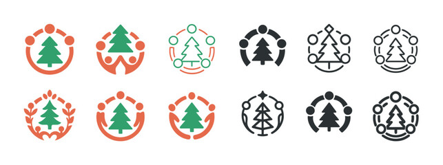 Diverse christmas tree icons with people in festive circle designs