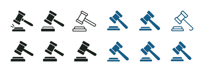 Varied gavel icons set illustrating different styles and angles