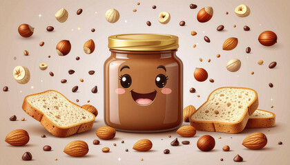 Whimsical illustration of a happy nut butter jar surrounded by scattered nuts and golden toast slices, evoking a delicious and joyful breakfast or snack time