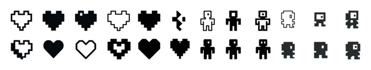 Fototapeta premium Pixel art heart and character icons set: retro gaming graphics