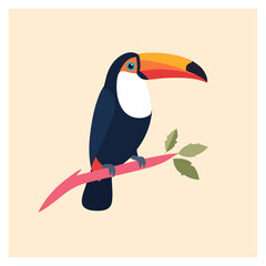 Obraz premium A vibrant flat design vector illustration of a tropical toucan bird with a colorful beak, perched on a simple pink branch with green leaves