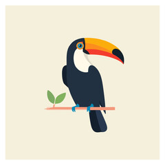 Obraz premium Elegant Toucan Bird Perched on Branch with Leafy Accent - Flat Design Illustration