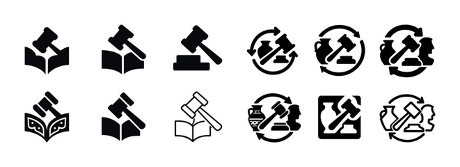 Set of justice icons including gavel and scales in various legal contexts