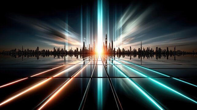 A futuristic city skyline is silhouetted against a dark sky with streaks of light. Neon light trails in orange and blue lead towards the city, reflecting on a w