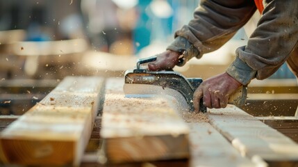 A man in a gray jacket and orange vest is using a chainsaw to cut through a piece of wood in a workshop.