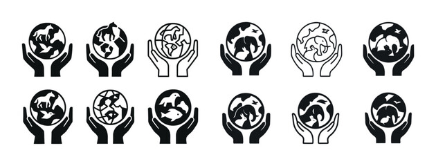 Black and white earth protection icons with hands: wildlife and conservation symbols