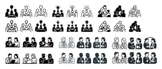 Collaborative business meeting icons with diverse teams and creative ideas