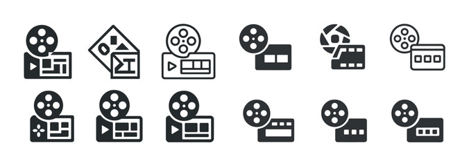 Cinema icons set: film, camera, clapboard, play buttons