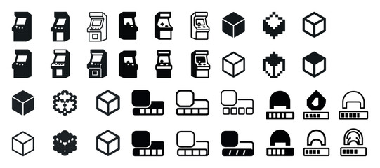 Retro gaming icons: arcade machines, cubes, and pixel art symbols