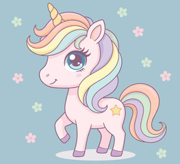 Cute pastel unicorn cartoon character, fantasy animal, magical creature for kids, nursery art, dreamy design, whimsical style - flat vector illustration