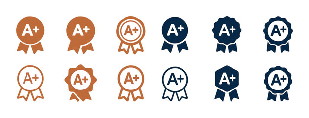 Various a+ award badge icons in brown and blue tones