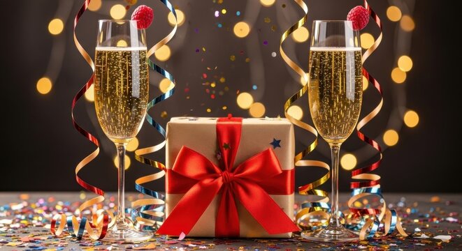 Two champagne glasses with a gift box and confetti on a dark background. - Powered by Adobe