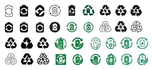Battery recycling icons: sustainability and eco-friendly symbols for green energy