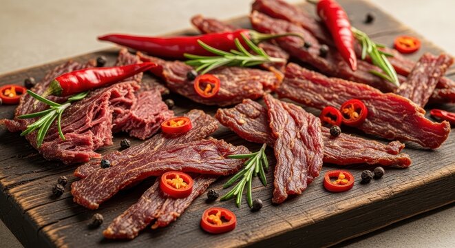 Close up of delicious beef jerky with chili and rosemary