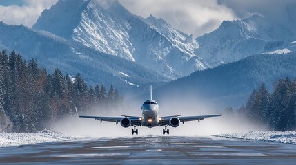 Passenger plane taking off above a snow-covered runway with engines kicking up snow, framed by snow-capped mountains and pine forests, symbolizing winter travel, aviation, adventure, and exploration