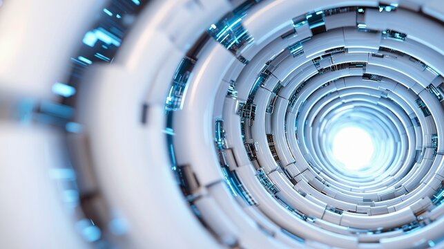 A detailed, abstract view inside a futuristic tunnel with concentric rings and glowing blue lights. The perspective draws the viewer into a bright, circular ope