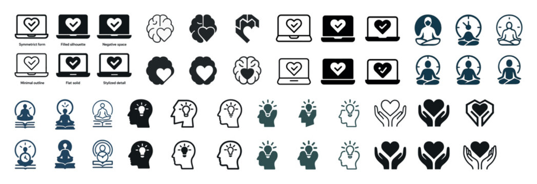 Heart and mind icons: meditation, tech, and mental health symbols