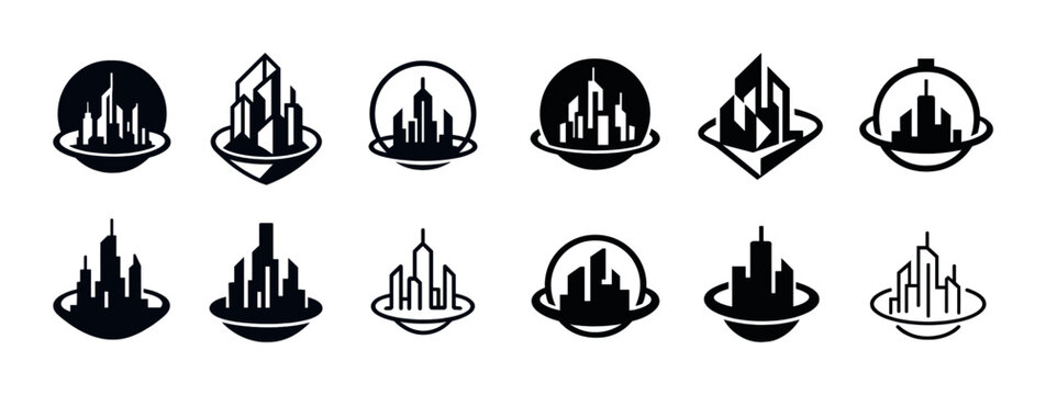 Set of geometric cityscape logos in black and white