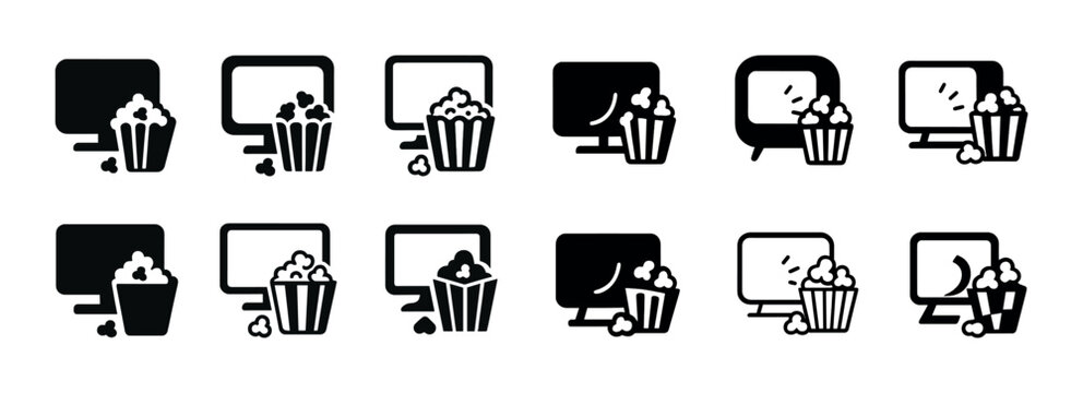 Set of tv and popcorn icon variations for entertainment and movie night themes