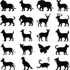 Obraz premium Diverse Animal Silhouettes and Butterfly on White Background