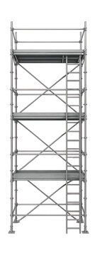 Vertical assembly setup featuring external scaffolding and access ladders.