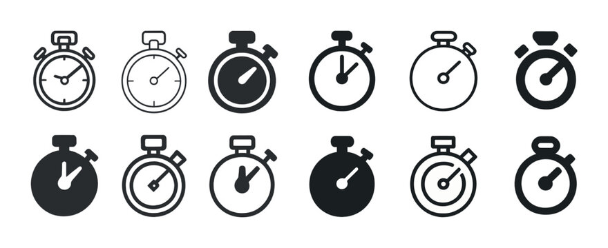 Set of stopwatch icons in black and white minimalist design