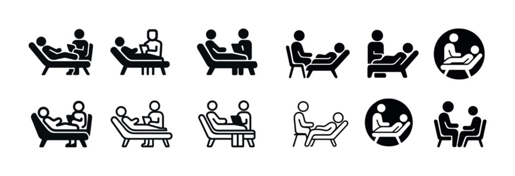 Set of icons depicting therapy sessions with counselors and patients