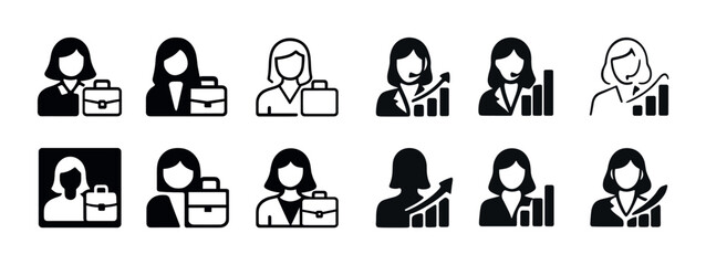 Businesswoman icons set: diverse styles and professional themes