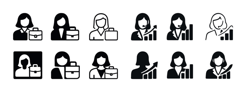 Businesswoman icons set: diverse styles and professional themes