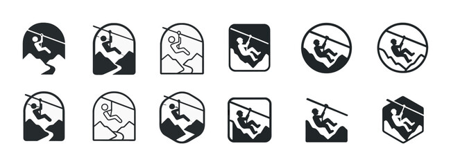 Set of zipline icons: adventure sports symbols and designs