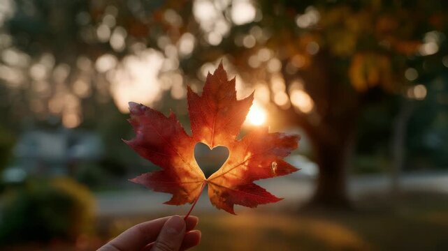 Maple Leaf with Heart Shape at Golden Hour Sunset in Autumn Colors