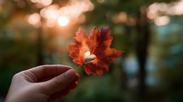 Hand holding autumn leaf with heart shape against sunlight background