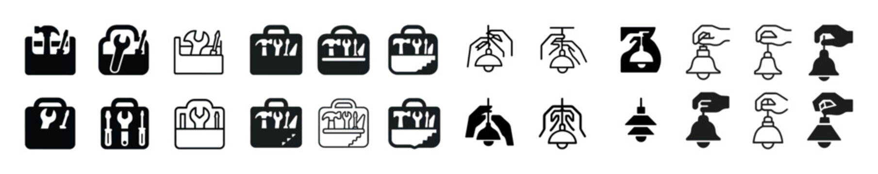 Tool and notification icons: variety of hand tools and alert symbols in black and white designs