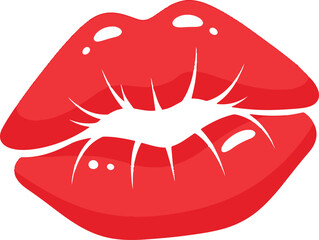 A bold flat vector illustration of bright red glossy lips puckered in a kiss, featuring white highlights and texture lines